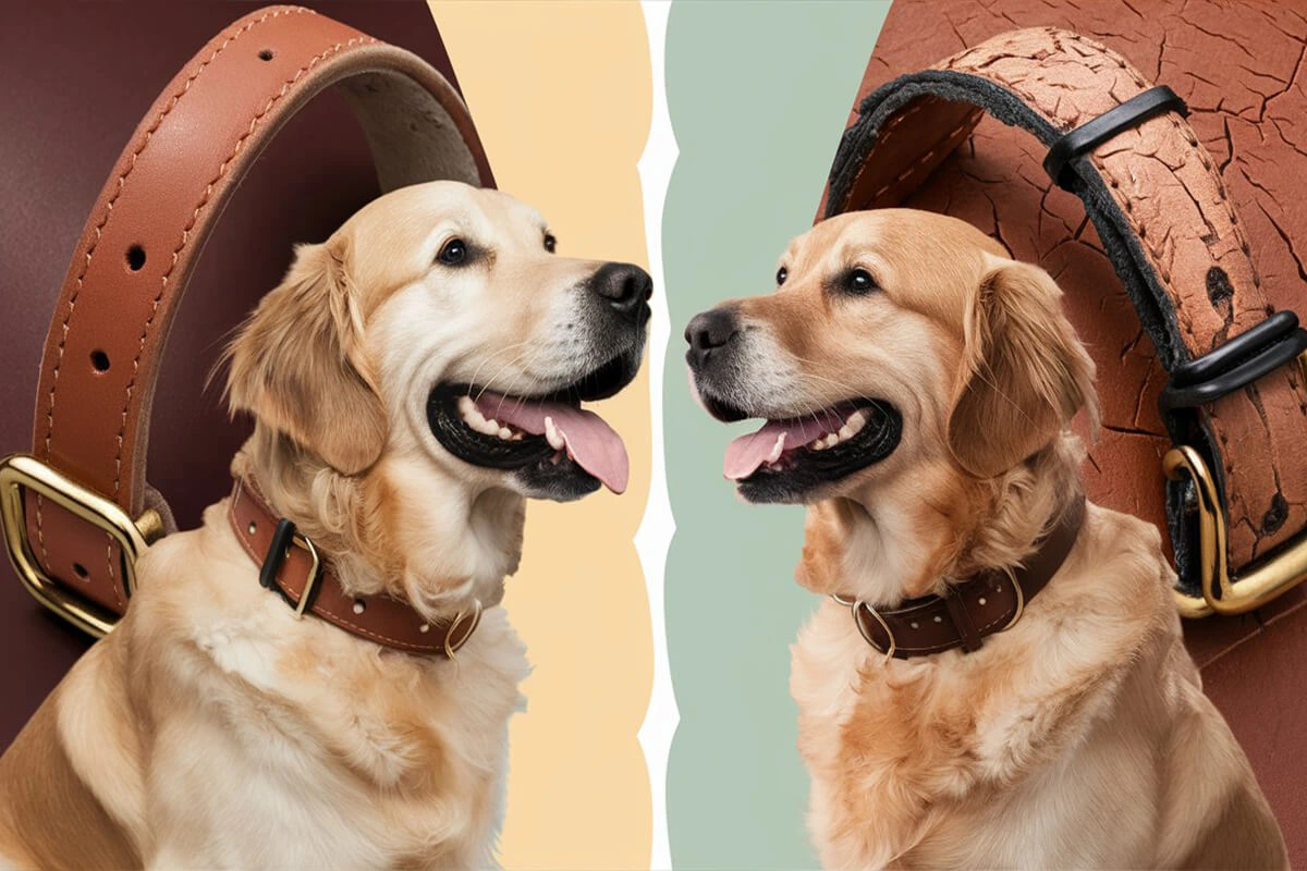 Two golden retrievers wearing matching leather dog collars, separated by a color block background, with the collars featured prominently behind them.