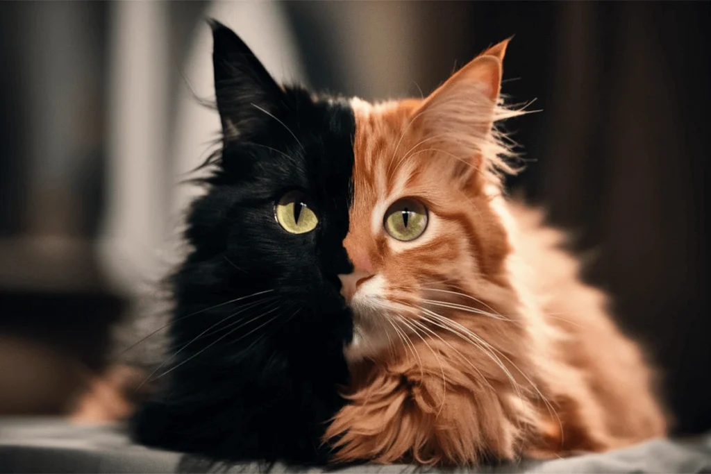 A stunning chimera cat with one half of its face black and the other half orange.