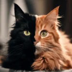 A stunning chimera cat with one half of its face black and the other half orange.