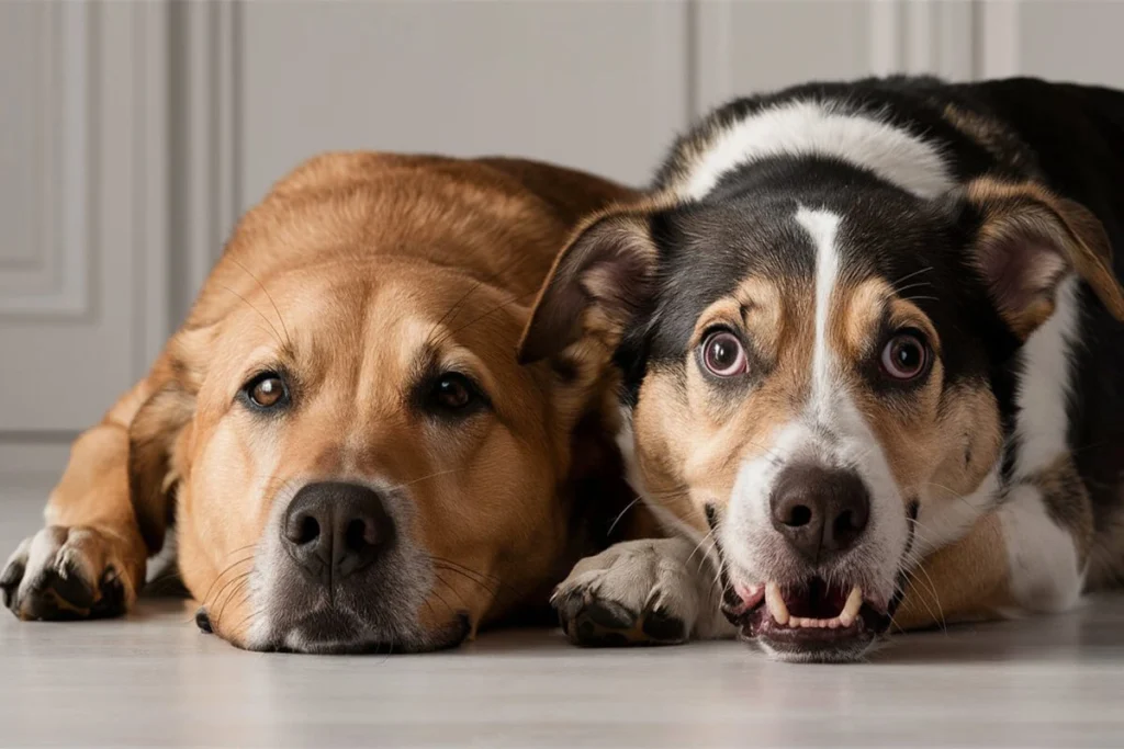 Two dogs lying side-by-side on the floor, one with a more serious expression and the other with a playful, open-mouthed expression.