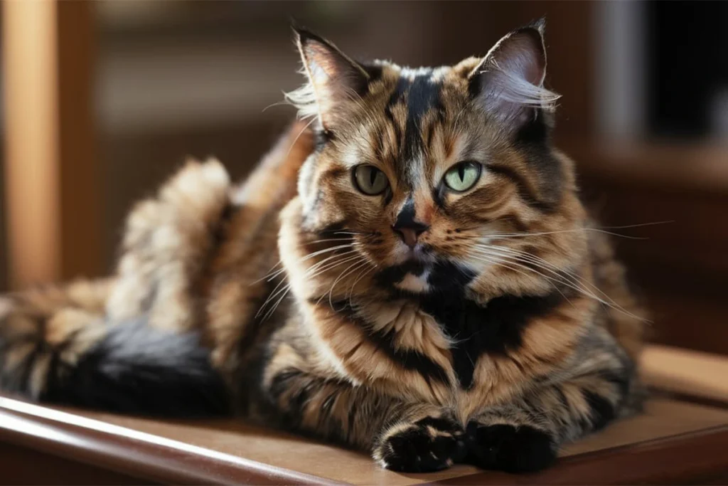 A medium-shot, eye-level portrait of a beautiful long-haired Torbie cat with striking black and brown tabby markings, lying down calmly on a wooden surface. The cat's green eyes are alert and expressive, and its long white whiskers fan out.