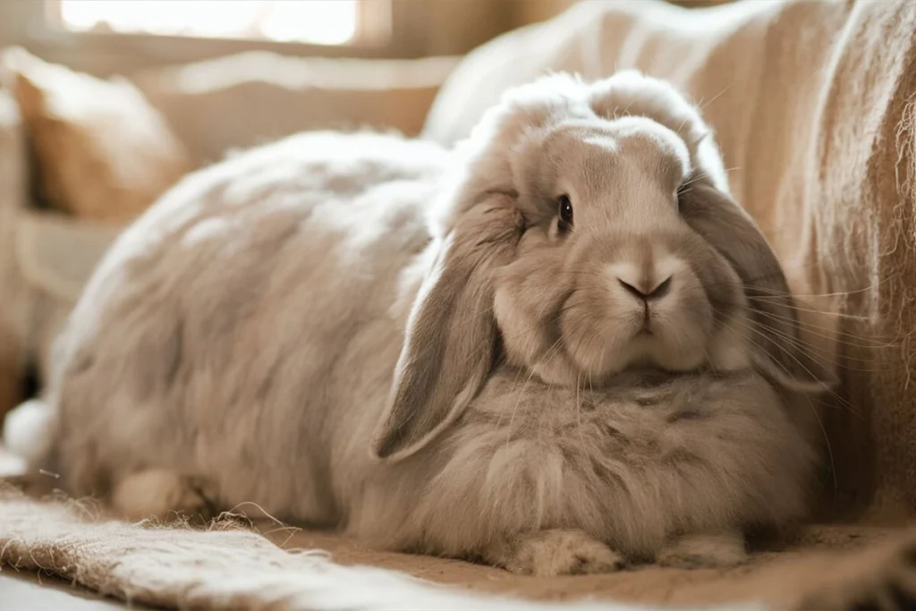 Tan Giant Angora rabbit relaxing on a couch.