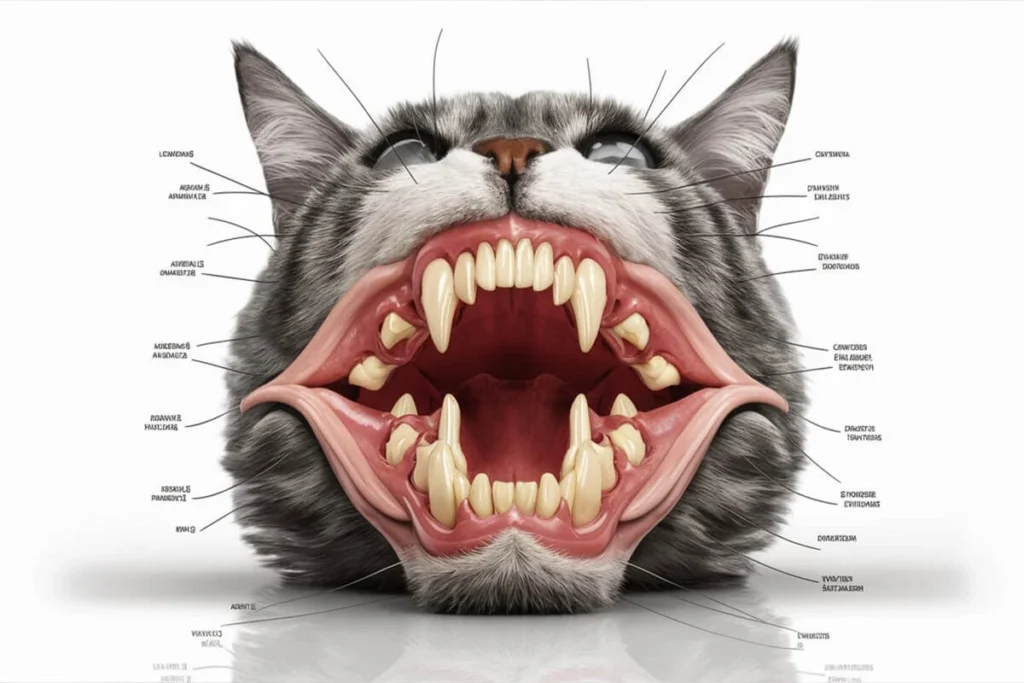 A graphic illustration of a cat's head with its mouth open wide, revealing its teeth, gums, and oral anatomy, labeled with the names of specific parts.