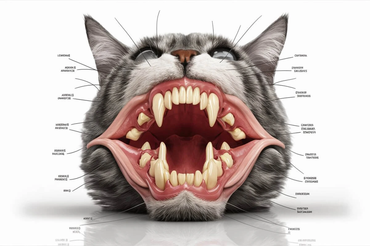 A graphic illustration of a cat's head with its mouth open wide, revealing its teeth, gums, and oral anatomy, labeled with the names of specific parts.