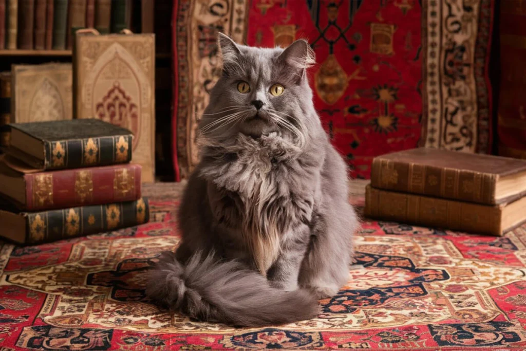 sitting as a regal on a detailed rug surrounded by stacks of books.