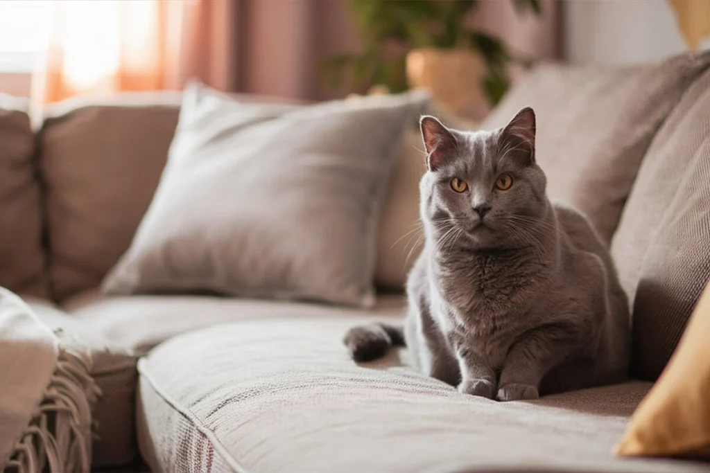 Grey cat sitting on a beige sofa.