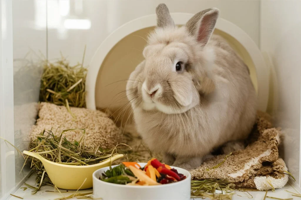 Beige Giant Angora rabbit in a cage with food.