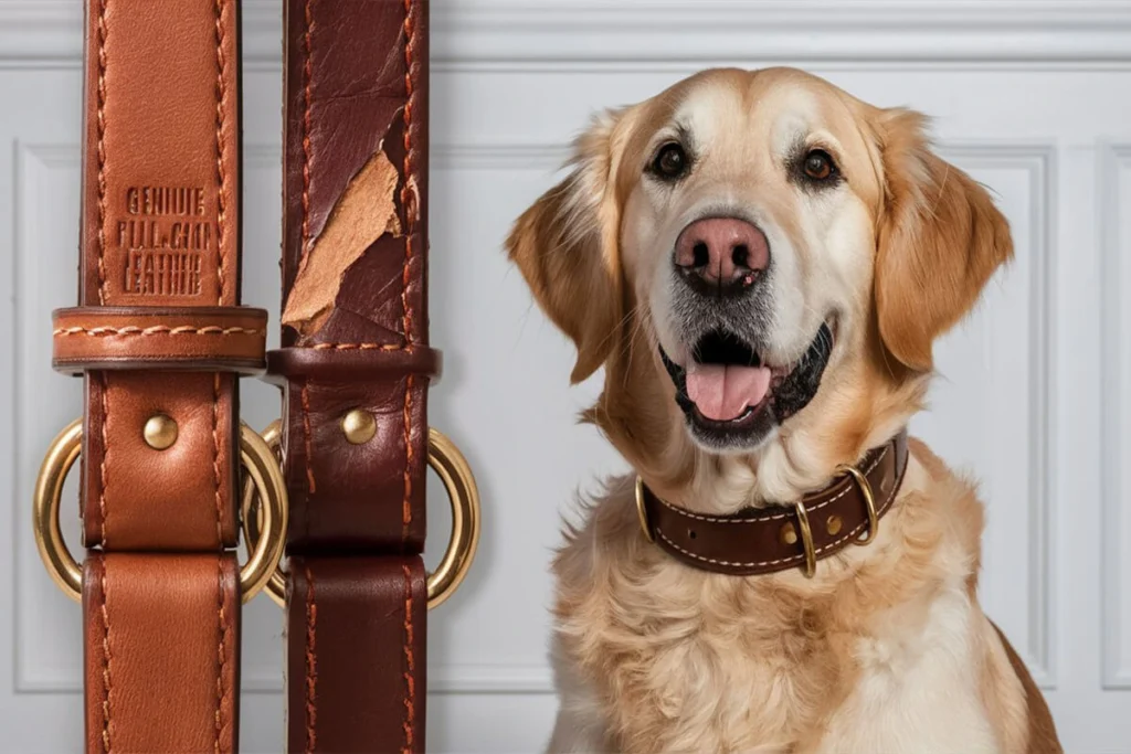 A golden retriever wearing a leather dog collar next to two leather dog collars, one in good condition, the other ripped and damaged.