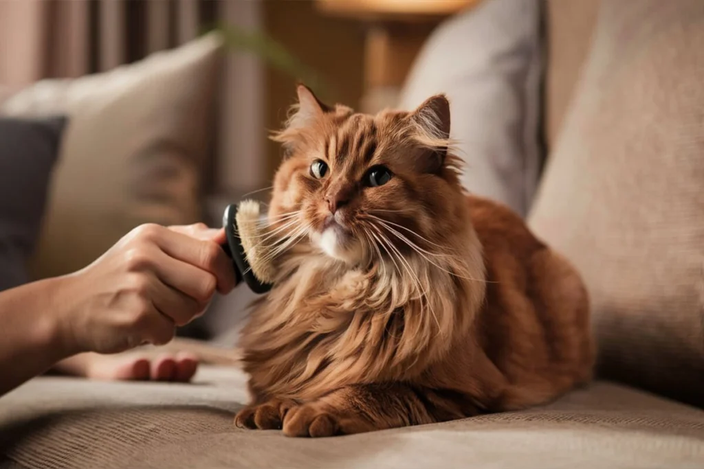 Person brushing a Cinnamon Brown Ragdoll cat.