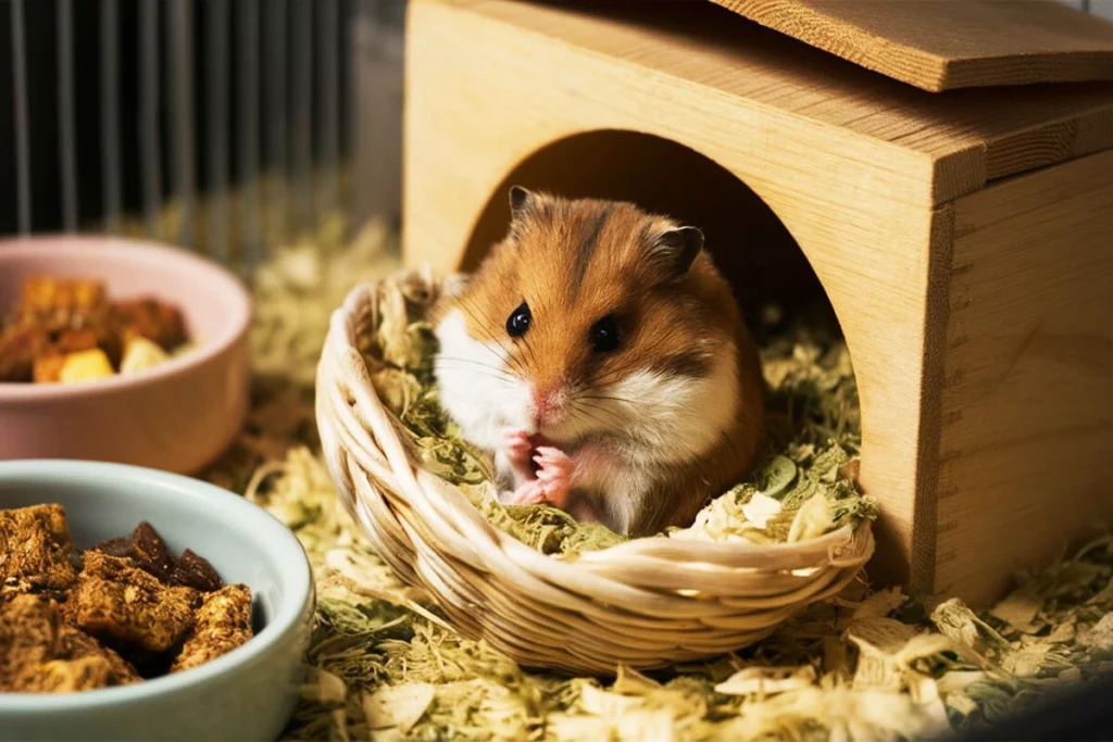 Hamster in basket eating food