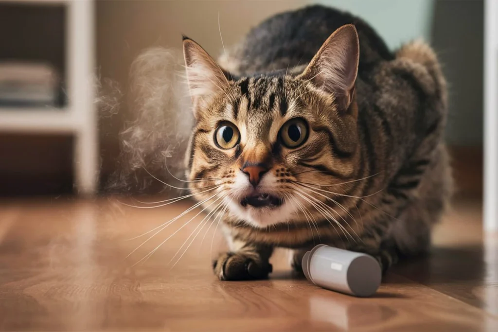 A frightened tabby cat crouches on a hardwood floor, with its fur fluffed up and mouth open, next to a fallen medicine bottle, suggesting a startled or scared state due to illness.