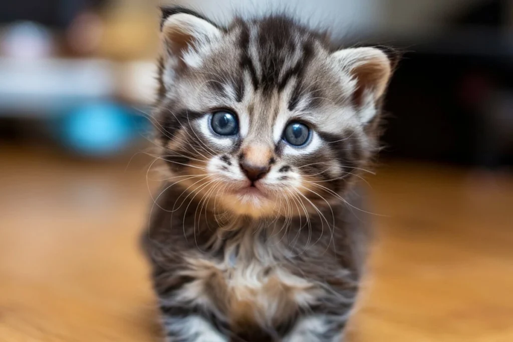 Close-up of a tabby Baby kitten with blue eyes on a wooden floor.