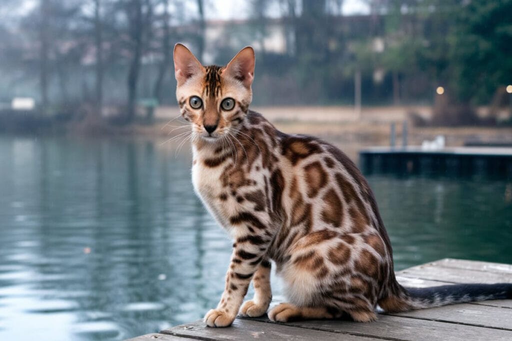 Bengal cat with spotted fur sitting on a wooden dock by a lake.