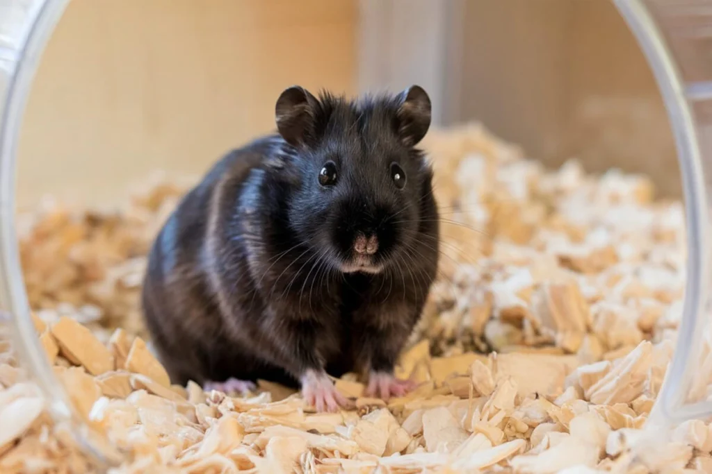 Black Syrian hamster sitting in bedding.