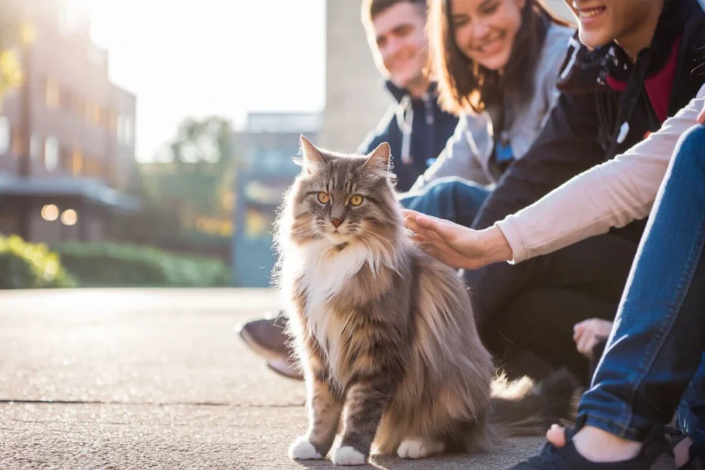 A tan and white fluffy cat with yellow eyes sitting on a college campus with a group of smiling students in the background