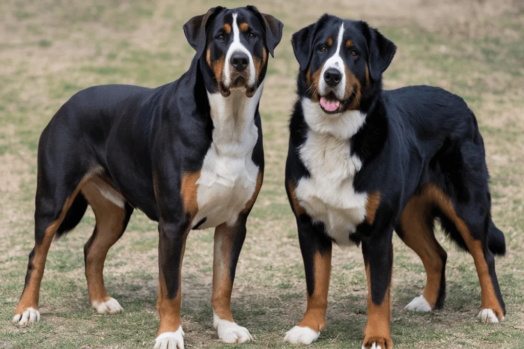 Two mountain dogs standing side by side: a Greater Swiss and a Bernese.