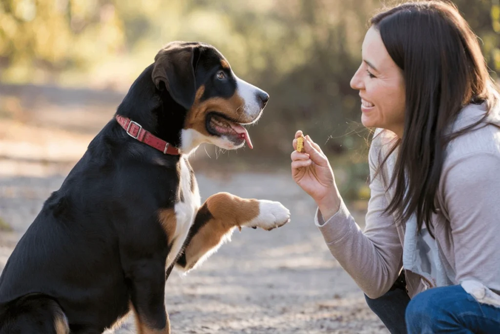 Greater Swiss Mountain Dog puppy giving a paw to a woman for a treat.