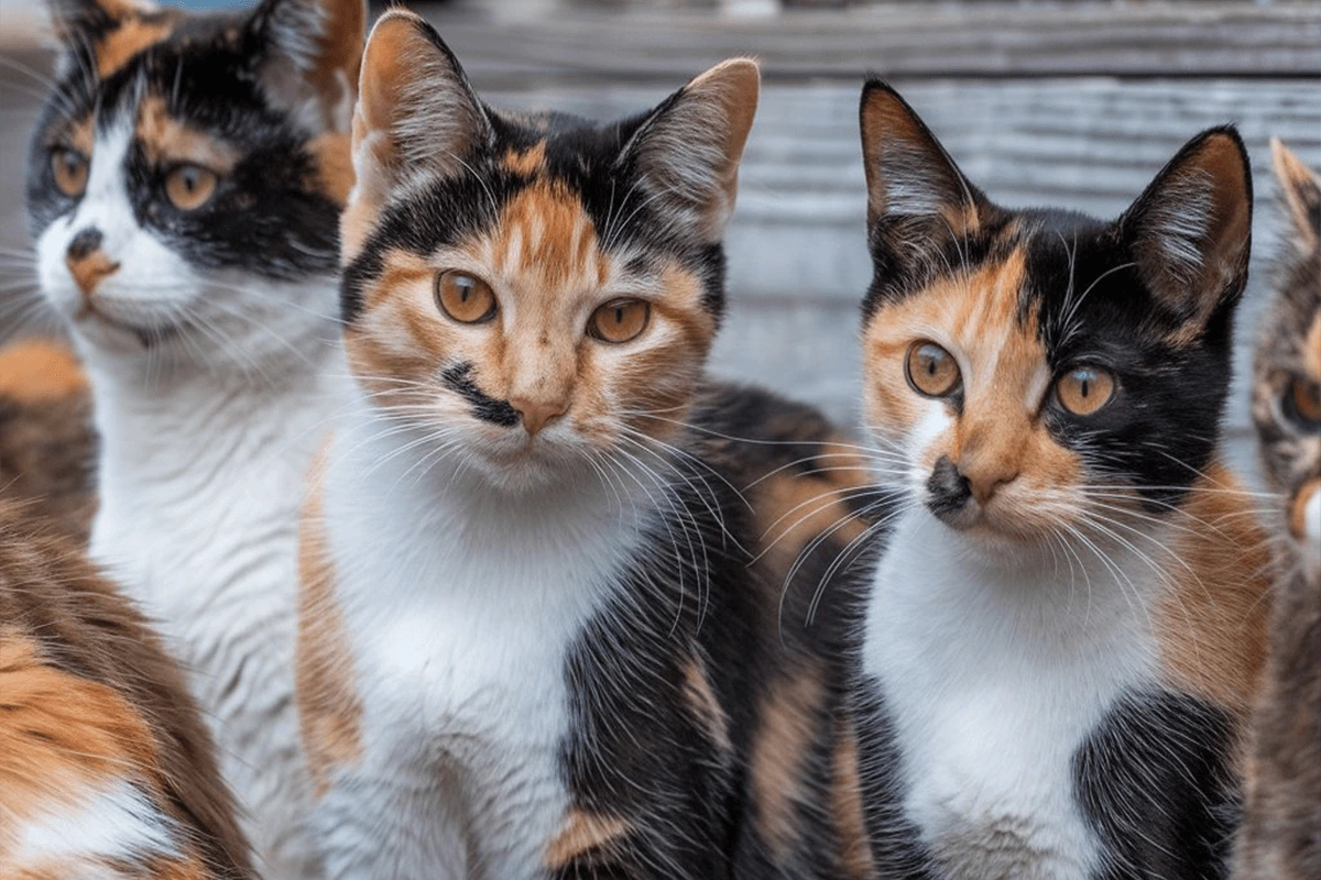 Group of calico cats looking at the camera.