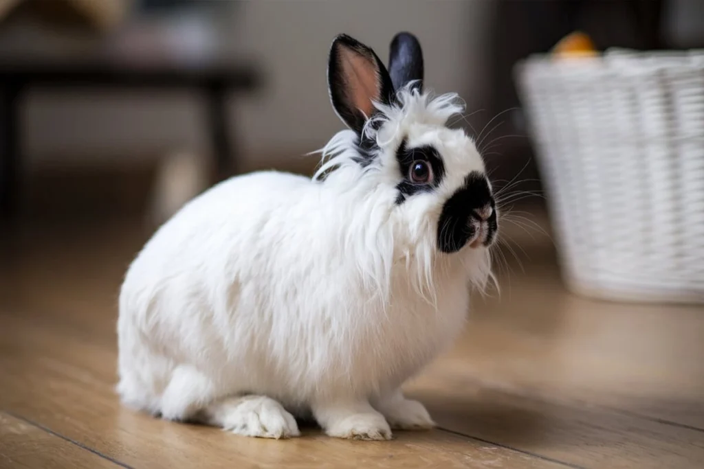 Black and white English Angora rabbit sitting on a wooden floor indoors.