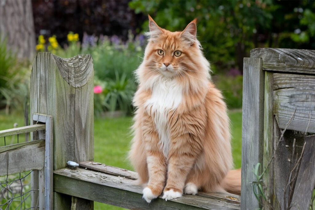 Orange Maine Coon cat sitting on a wooden fence.