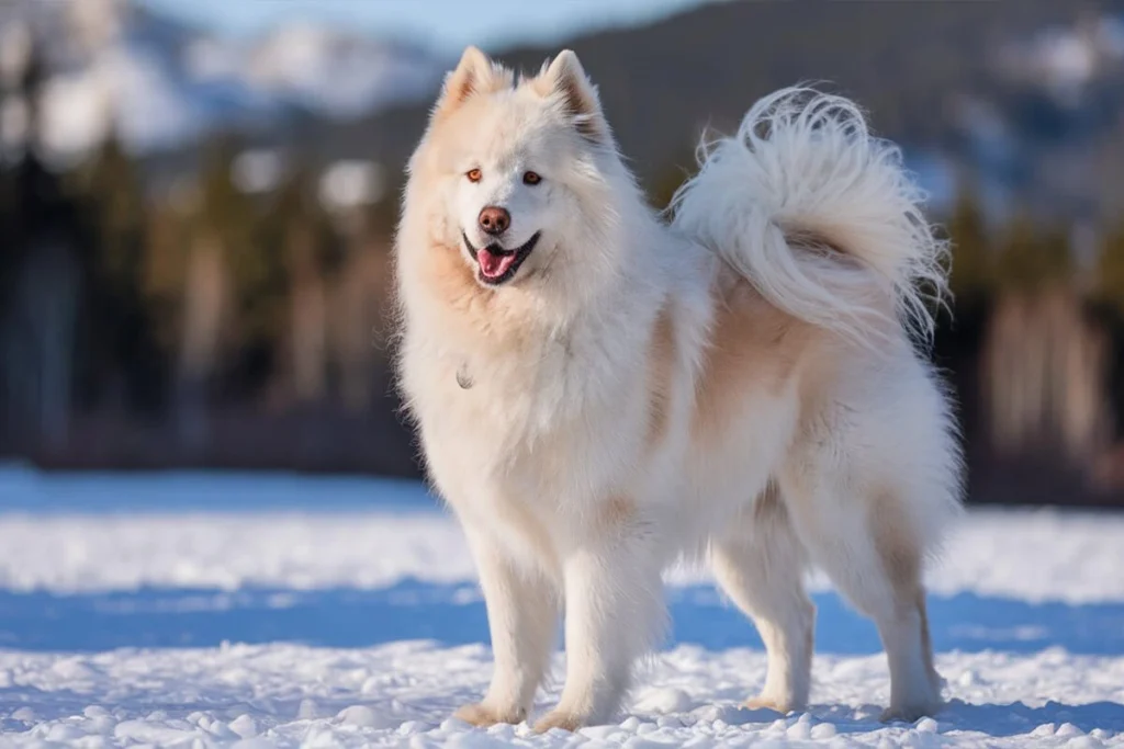 Fluffy white and cream Samoyed dog breed standing in the snow