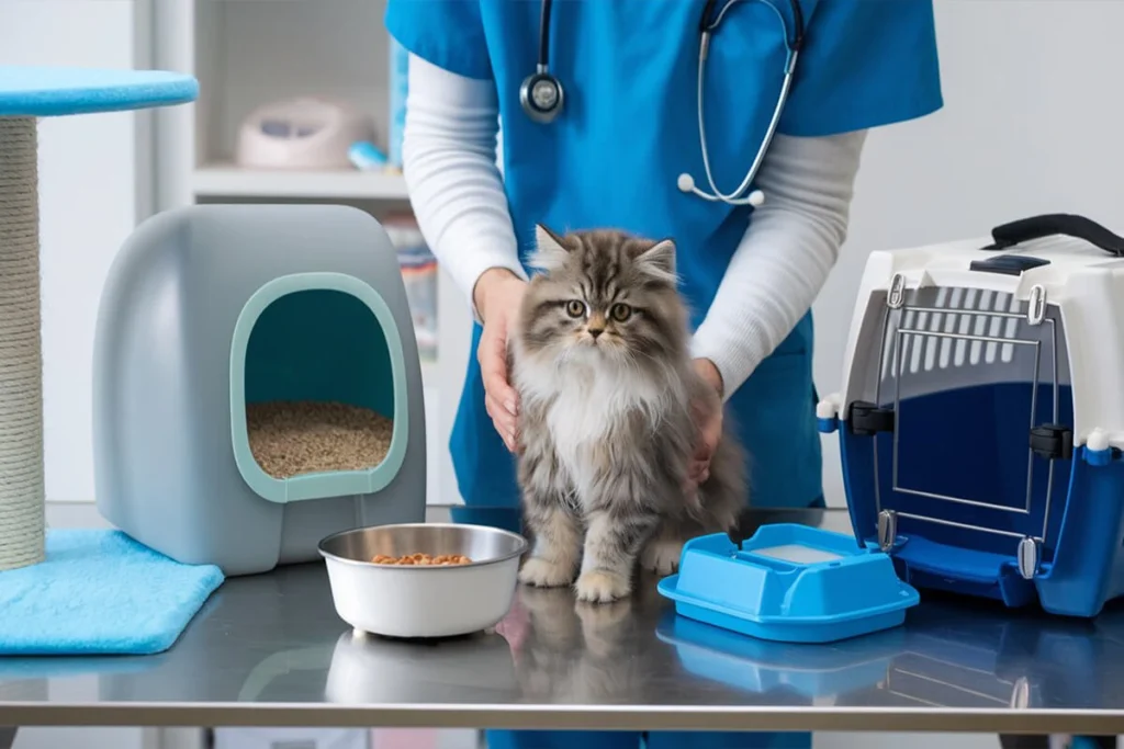  Vet holding a Persian kitten on an examination table.