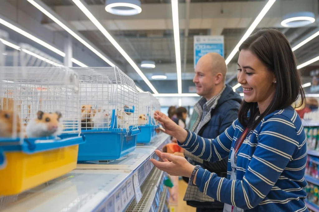 A young woman smiles as she looks at Chinese Dwarf Hamsters in cages at a pet store.