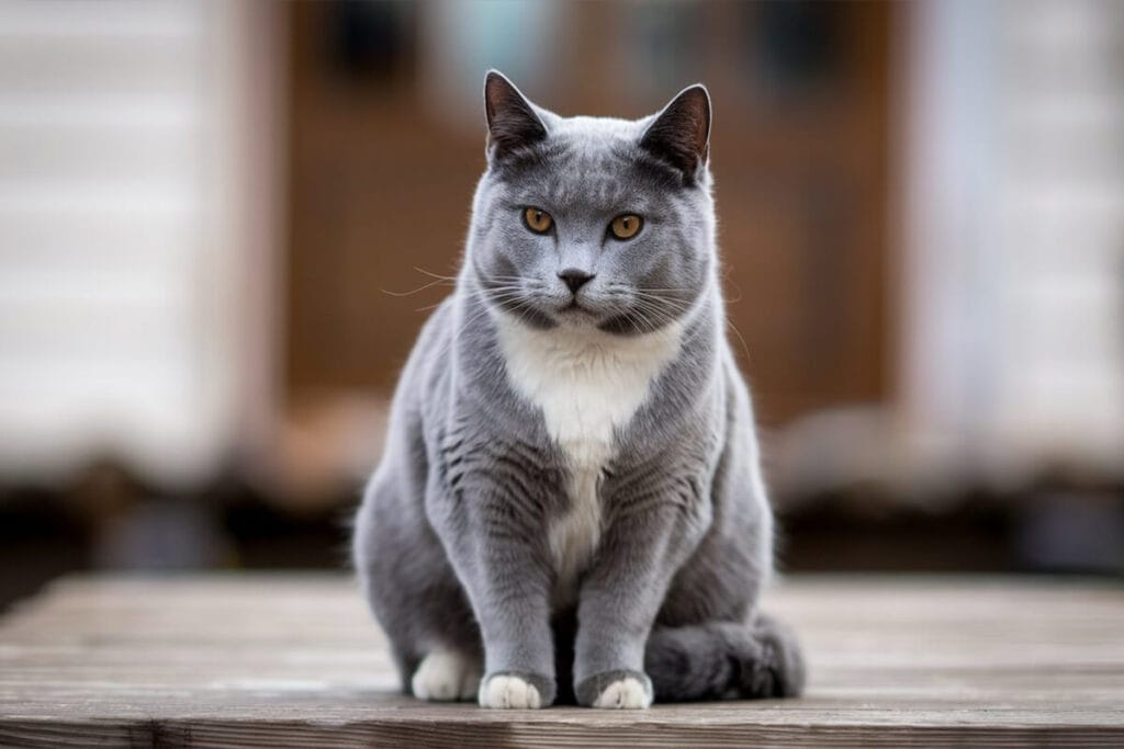 Russian Blue cat sitting on a wooden deck.