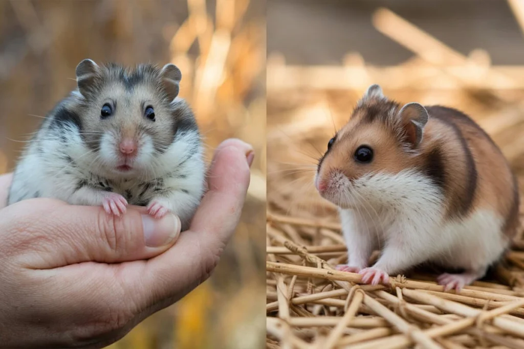  Hamster in hand and standing on straw; illustrating Chinese Dwarf hamster male vs female traits.