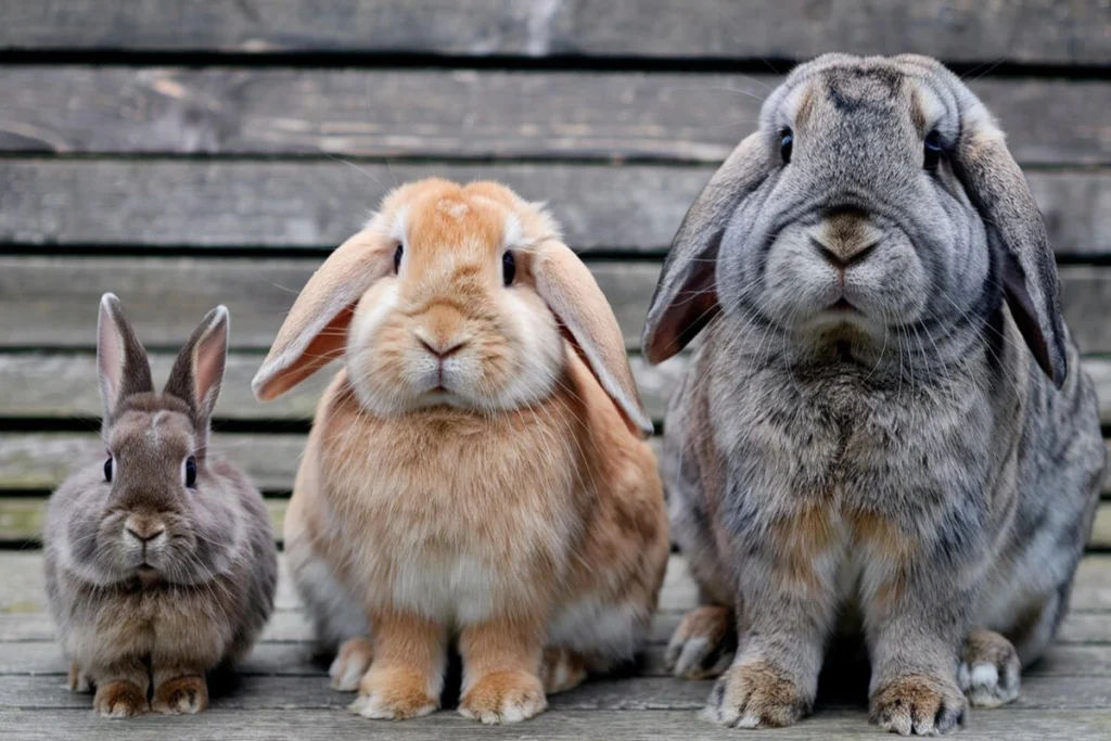 Three bunnies of different colors and sizes sit on a wooden surface.