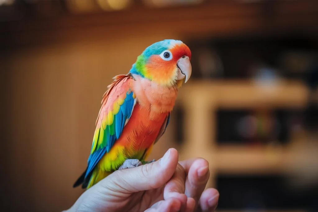 Close-up of a colorful small parrot on a hand.