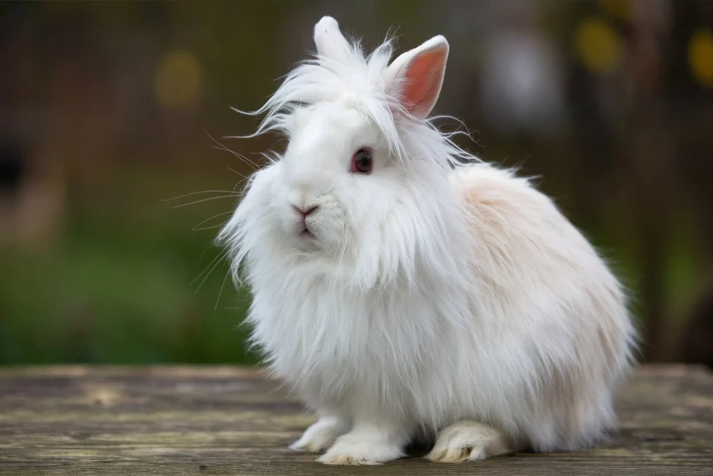  White English Angora Rabbit with a fluffy mane sitting outdoors.