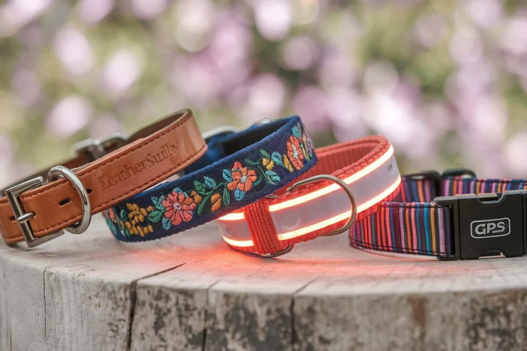 A variety of decorative and functional dog collars displayed on a wooden stump.