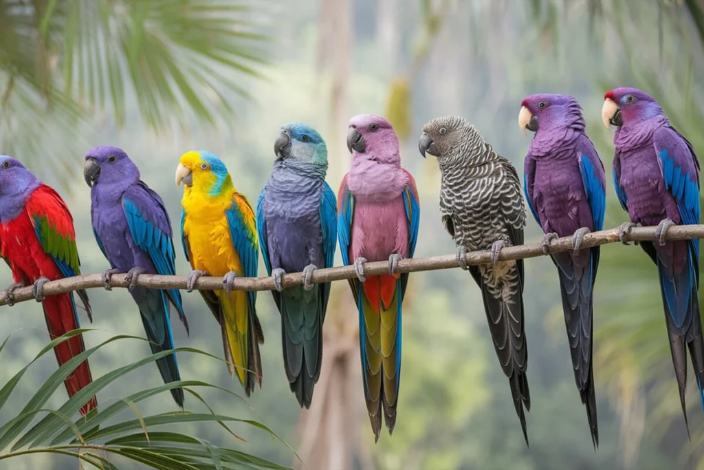  A line of colorful parrots sitting on a branch, each displaying unique color patterns like purple, yellow, blue, and red.