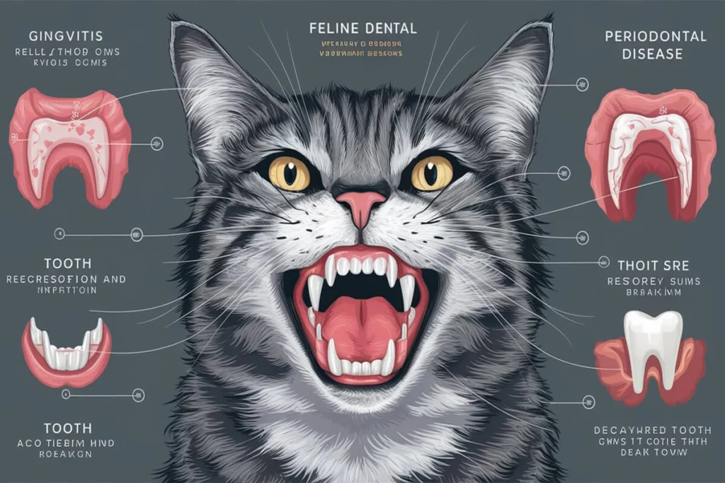 A Cat Dental Chart with various dental conditions like gingivitis, tooth recession, and periodontal disease, labeled with their names and accompanied by diagrams of the effects.