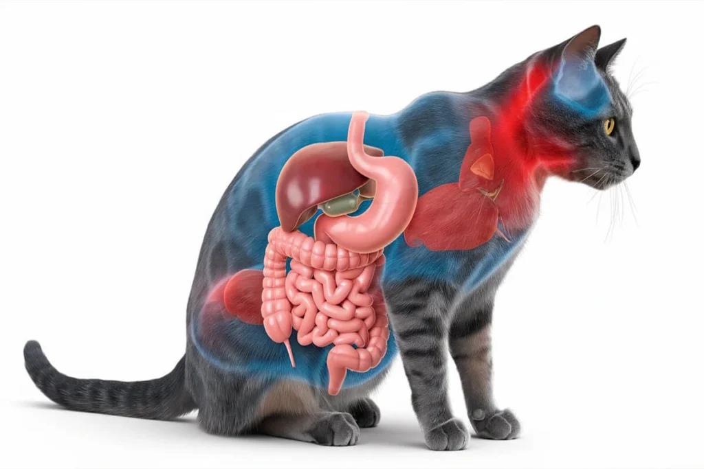 Anatomical illustration of a cat with visible organs, highlighting potential digestive issues.