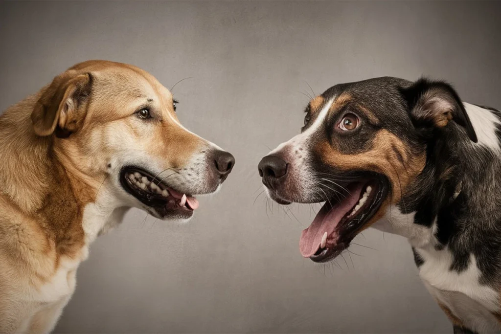  Two dogs facing each other in profile, one Dog Breathing Heavy with open mouths and another with happy expressions.