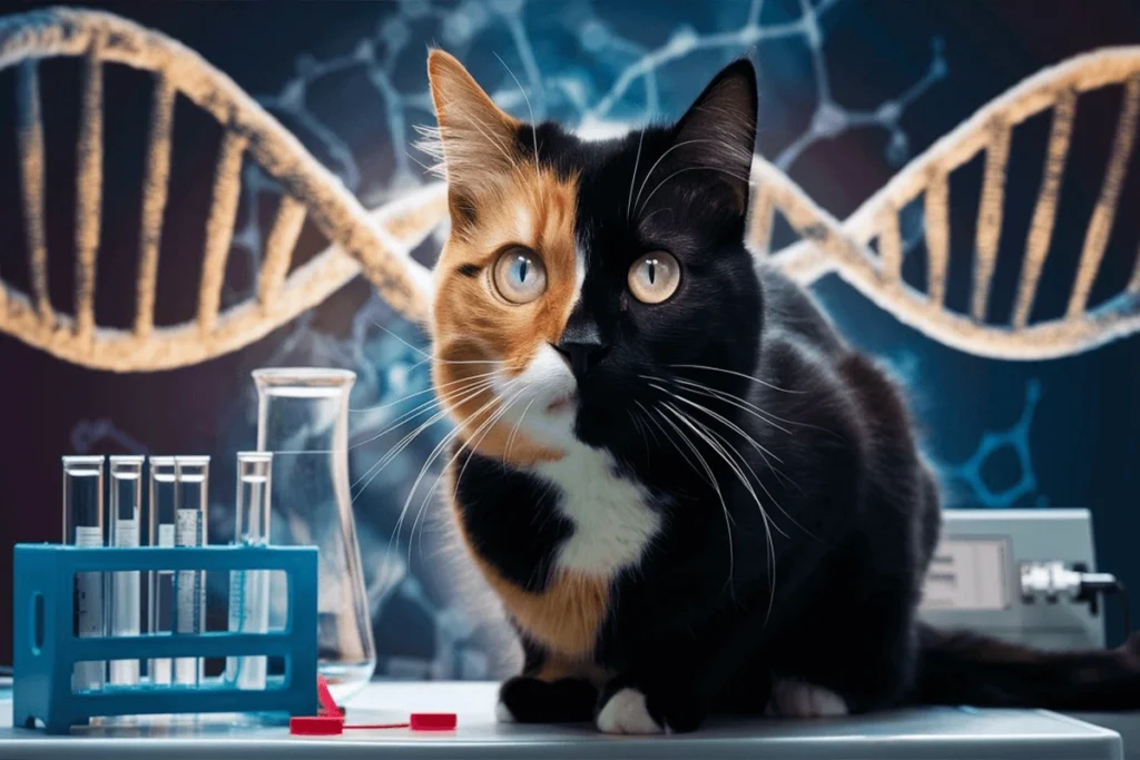 Chimera cat in a science lab setting, with DNA imagery and lab equipment in the background.