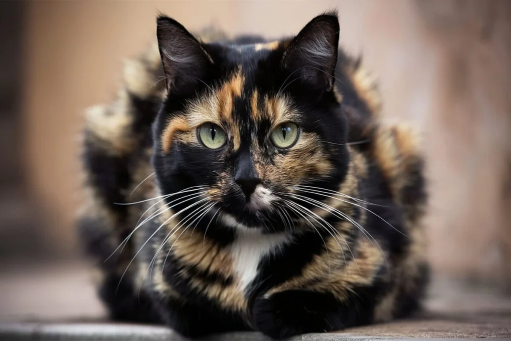 Close-up of a tortoiseshell cat with striking green eyes, curled up on a deck