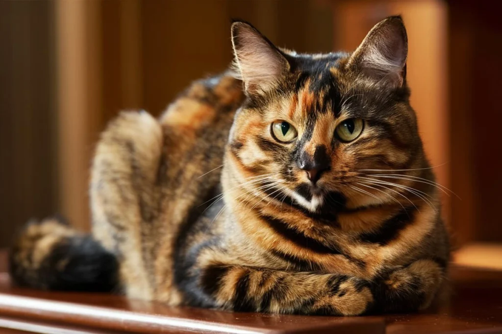 A close-up view of a Torbie cat sitting on a wooden surface. The cat has a detailed mix of brown and black markings with a white patch on its chin. It has vibrant green eyes and a curious expression.