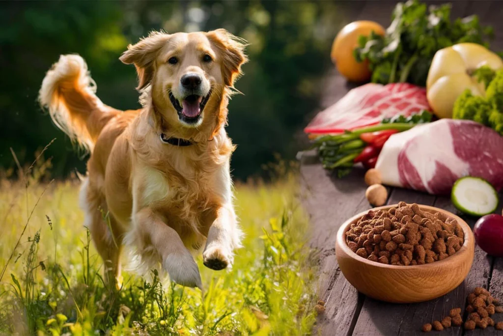  A golden retriever running joyfully in a field next to a display of raw dog food ingredients and kibble.