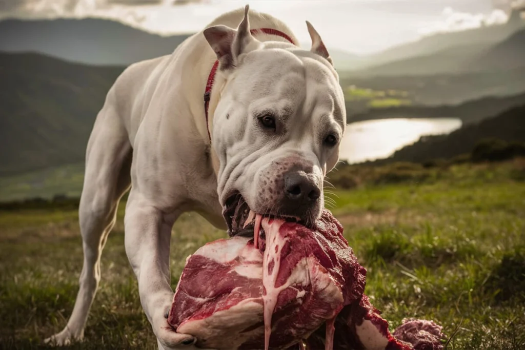 Dogo Argentino eating a large piece of raw meat outdoors.