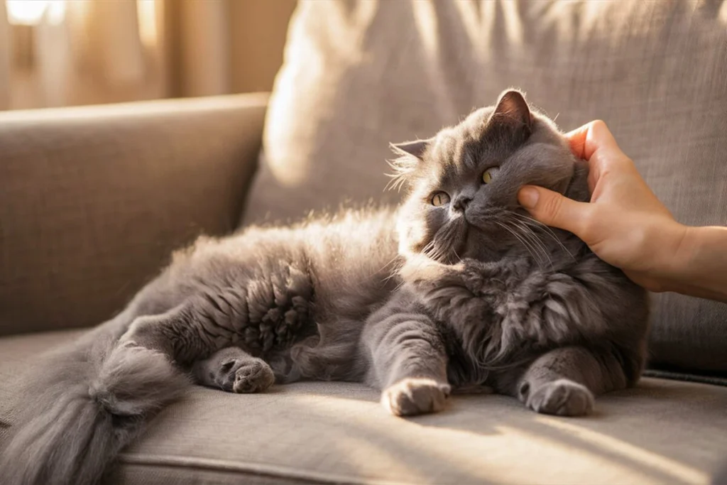  A hand petting a grey Persian cat lying on a sofa.