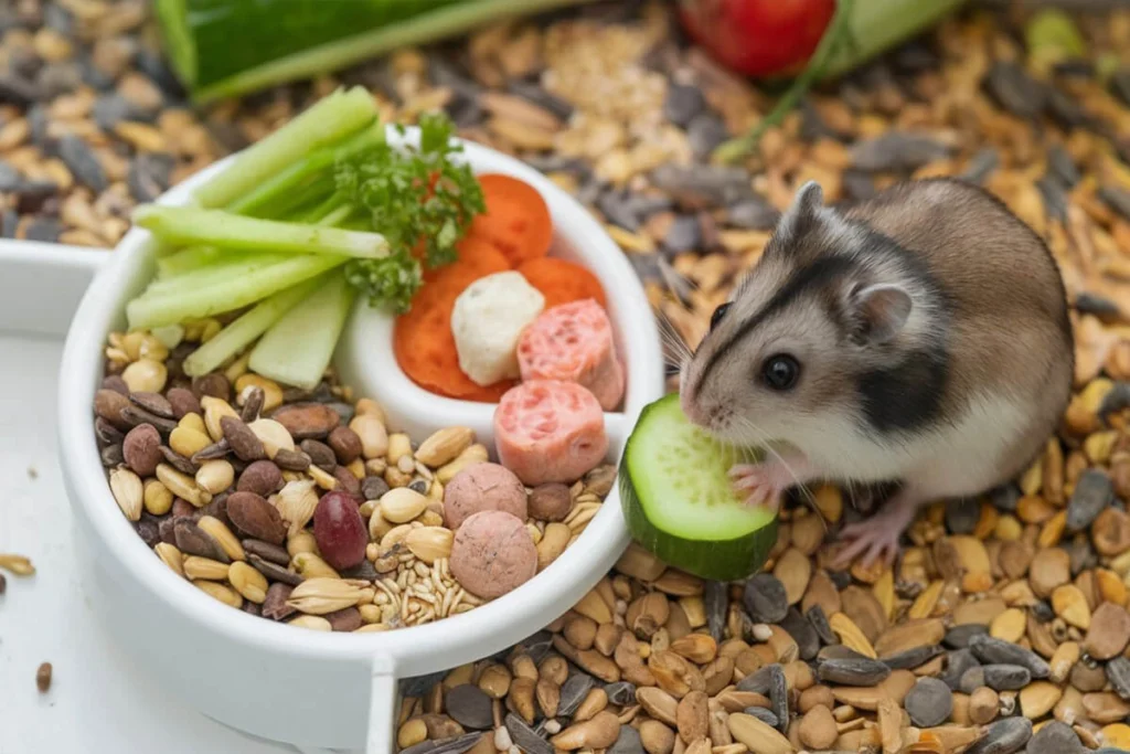 Chinese dwarf hamster eating a cucumber next to a bowl of food.