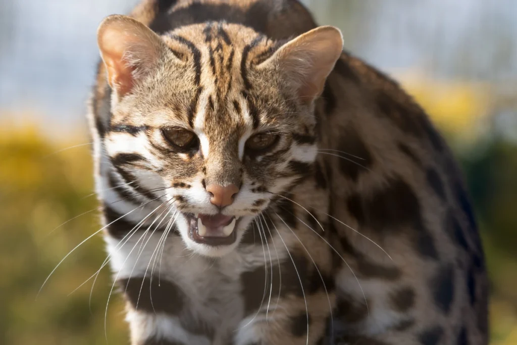 Angry-looking Asian leopard cat baring its teeth and snarling, revealing its sharp teeth.