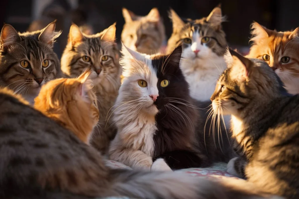 A chimera cat surrounded by a group of other cats.