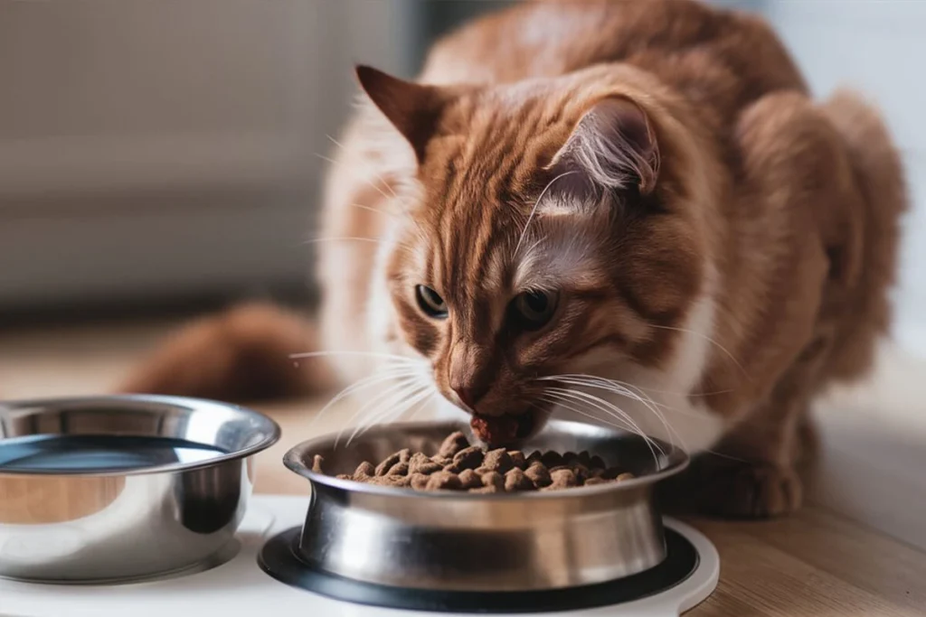 Cinnamon Brown Ragdoll cat eating dry food from a bowl.