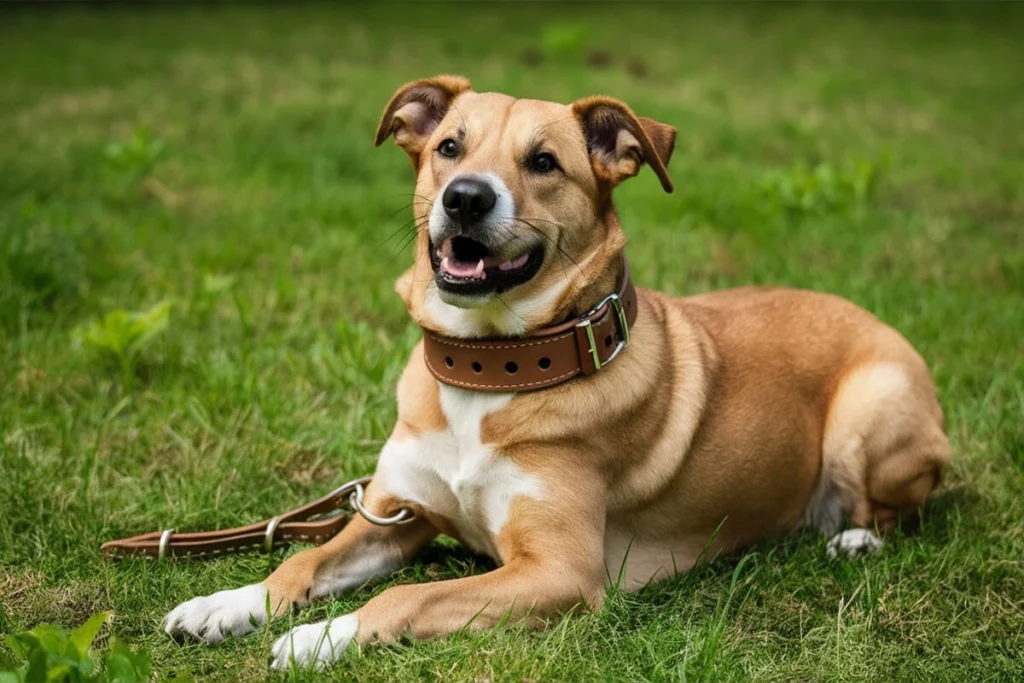  A happy brown and white dog laying in the grass.