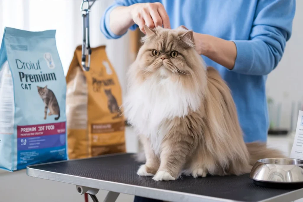 Person grooming a fluffy Persian cat on a table with bags of cat food nearby.