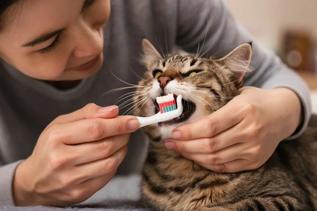 A person gently taking care of a tabby Cat Dental with a toothbrush, suggesting the importance of at-home dental care.